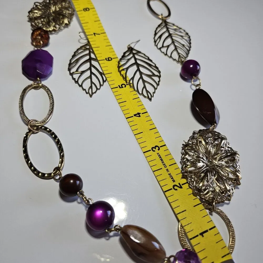 Gold Tone Autumn Colors Chunky Necklace & Leaf Earrings 42